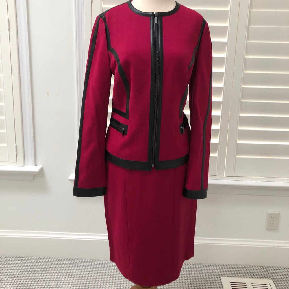 Raspberry pink suit with leather trim
